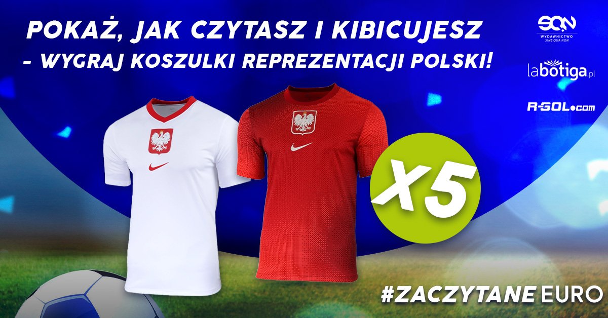 Grafika konkursowa - do wygrania koszulki reprezentacji Polski, w ramach promocji 4za3 książki sportowe